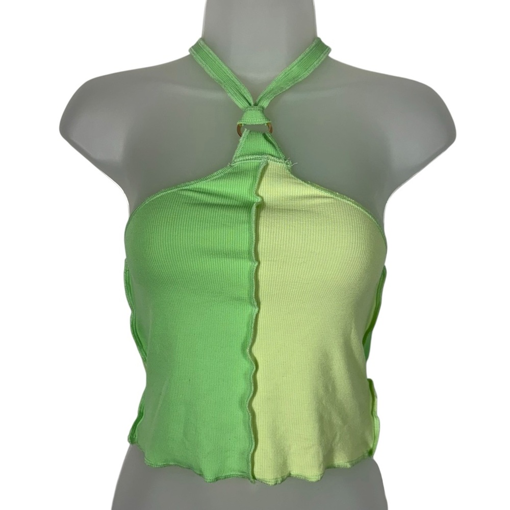 Adika Neon Green Two Tone Halter Neckline Cropped Tank Top Festival Summer NWT M